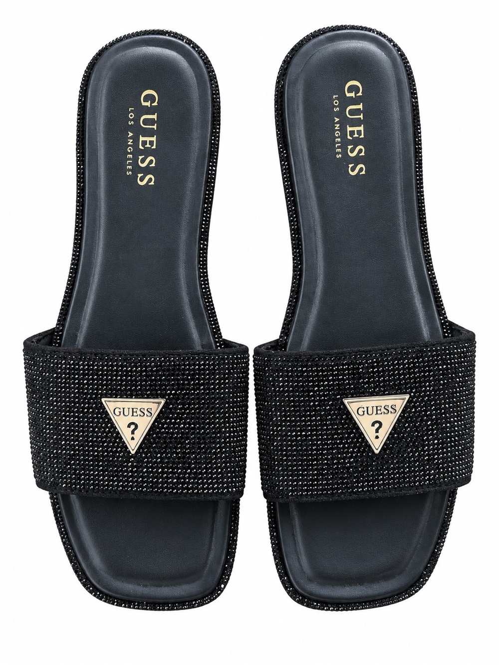 GUESS Black Rhinestone Embellished Slide Sandals